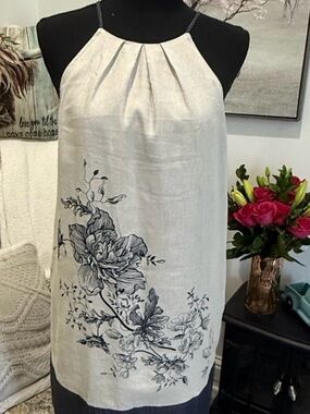 LOFT Cream Dress with Black Floral Print and Black Hem